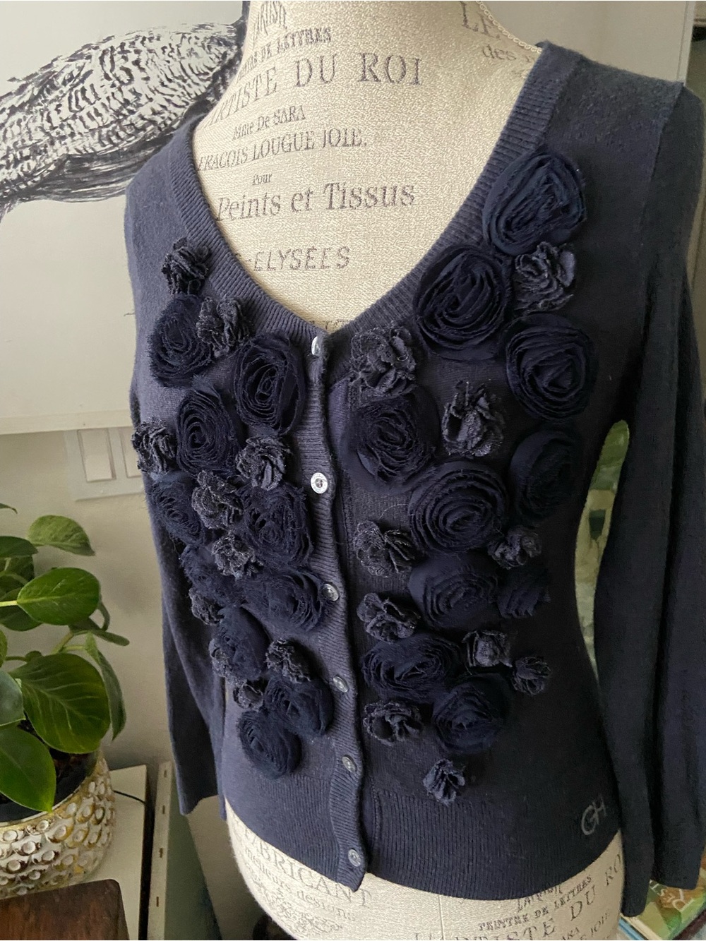 Vintage Gilly Hicks Navy Floral Rosette Cardigan